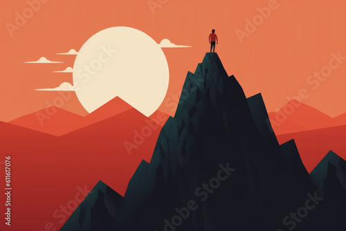 A person climbing a mountain representing the difficulty of reaching goals. Psychology art concept. AI generation