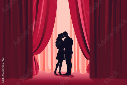 A person hiding behind a curtain spying on a couple in a romantic embrace. Psychology art concept. AI generation