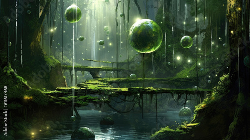 Crystalline orbs of luminescence hover over a lush and verdant forest their spectral Fantasy art concept. AI generation