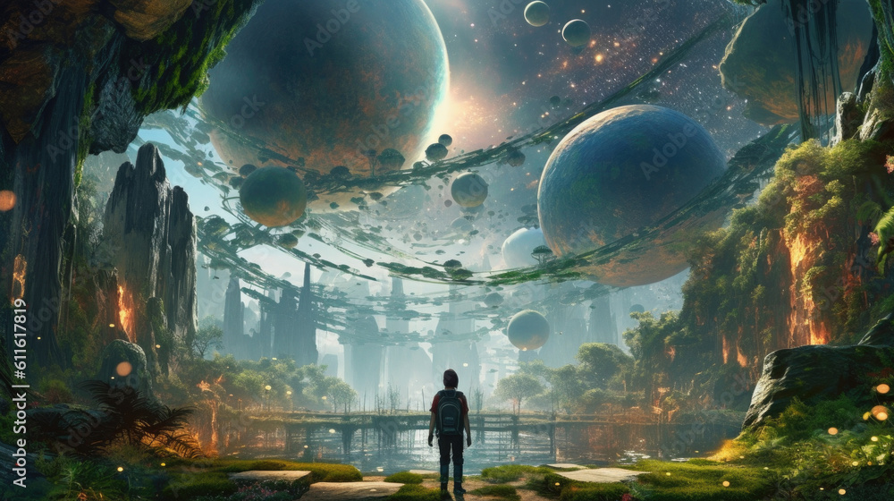 Dark silhouette of man standing near giant rocks under planets of different sizes. Futuristic landscape with lake and starry sky generative AI.