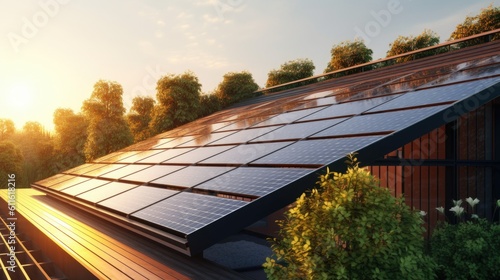 Bright sun illuminates photovoltaic solar cells in morning. Eco-friendly electric station surrounded by trees in countryside at sunrise generative AI.