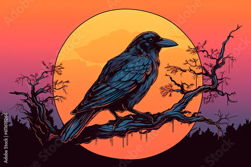 A black bird sitting on top of a tree branch. Raven. Generative AI