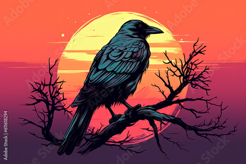 A black bird sitting on top of a tree branch. Raven. Generative AI