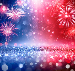 Usa Glitter With Sparkle Fireworks For American Party - Abstract Defocused Glittering - Independence Day Background
