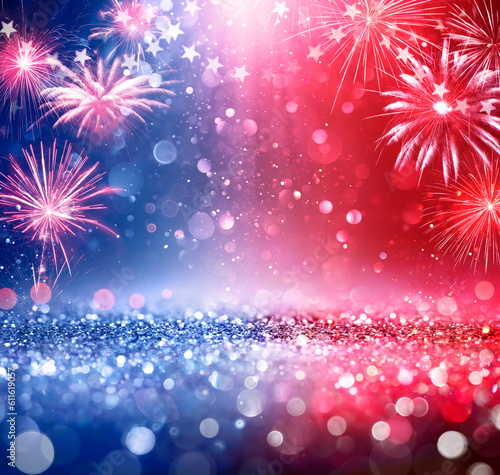Usa Glitter With Sparkle Fireworks For American Party - Abstract Defocused Glittering - Independence Day Background