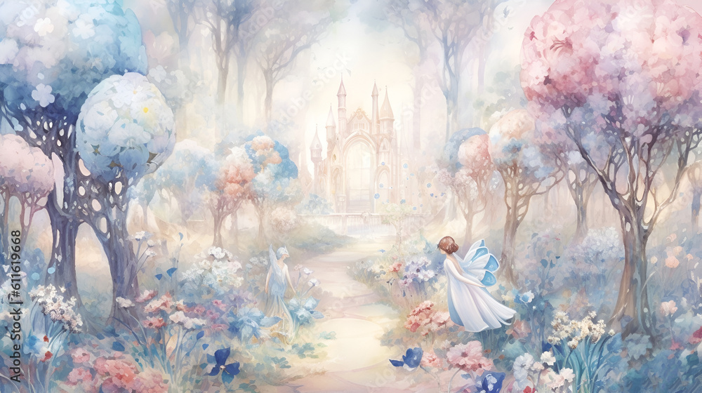 Fantasy fairy tale castle land land in a fantastic, realistic style. Digital artwork, concept illustration. For poster, wallpaper, video games background.