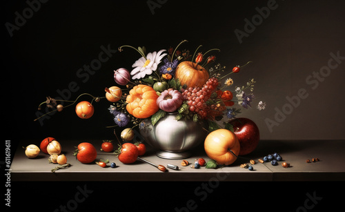 illustrazione generative ai con natura morta di fiori, frutti in vaso di metallo e oggetti su superficie e sfondo scuri photo