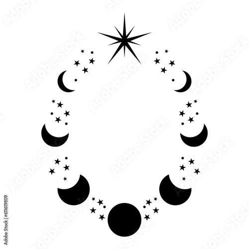 Magic moon and stars icon. Graphic elements for astrology. Boho witch and magic symbol. Black goth moon illustration isolated on white background. Vector EPS 10