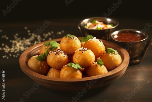 Traditional Indian snack pani puri in a wooden bowl with sauces. Pani puri consists of a round hollow puri a deep-fried crisp flatbread. Generated by AI