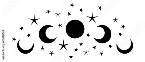 Magic moon and stars icon. Graphic elements for astrology. Boho witch and magic symbol. Black goth moon illustration isolated on white background. Vector EPS 10