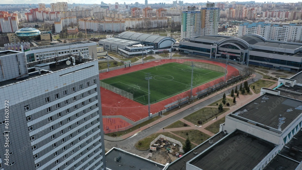 Minsk, Belarus - 31.03.2023: The track and field and soccer stadium in Minsk of the Belarusian State University of Sports. The training base of the Belarusian Olympians and athletes.
