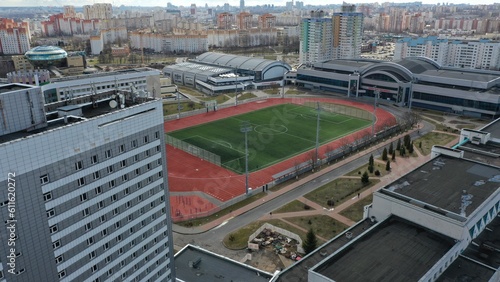 Minsk, Belarus - 31.03.2023: The track and field and soccer stadium in Minsk of the Belarusian State University of Sports. The training base of the Belarusian Olympians and athletes. 