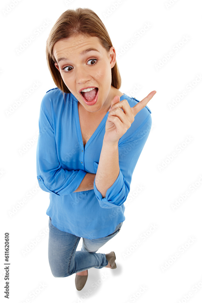 Top view, pointing and woman with surprise, thinking and excited model isolated against a transparent background. Decision, female person and model with hand gesture, shocked and opportunity with png