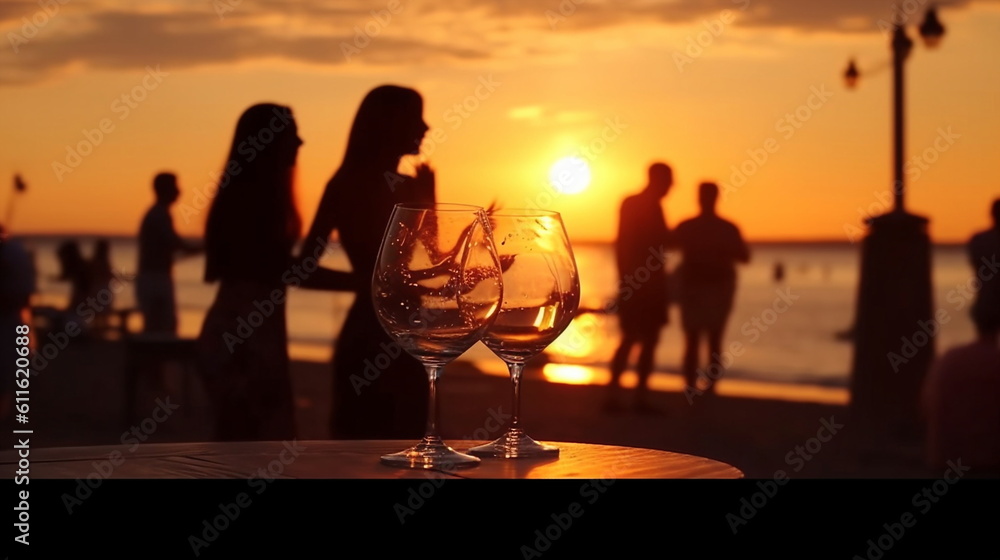 glass of wine on wooden table and people silhouette relax and dance at sunset on the promenade on sea beach ,generated ai - obrazy, fototapety, plakaty 