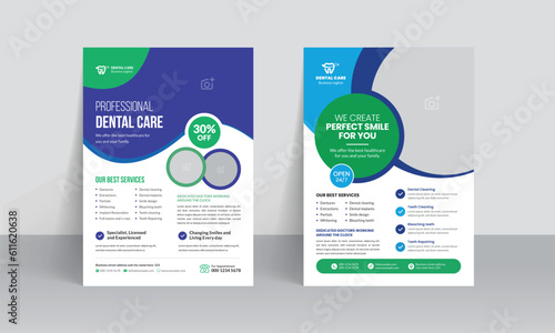 Dental care service flyer template and professional medical healthcare leaflet design with dentist poster.