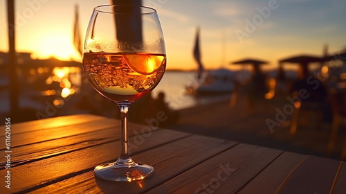 glass of wine on wooden table and people silhouette relax and dance at sunset on the promenade on sea beach ,generated ai