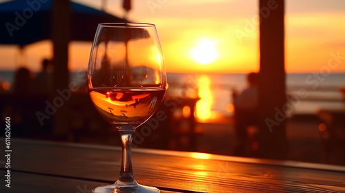 glass of wine on wooden table and people silhouette relax and dance at sunset on the promenade on sea beach ,generated ai