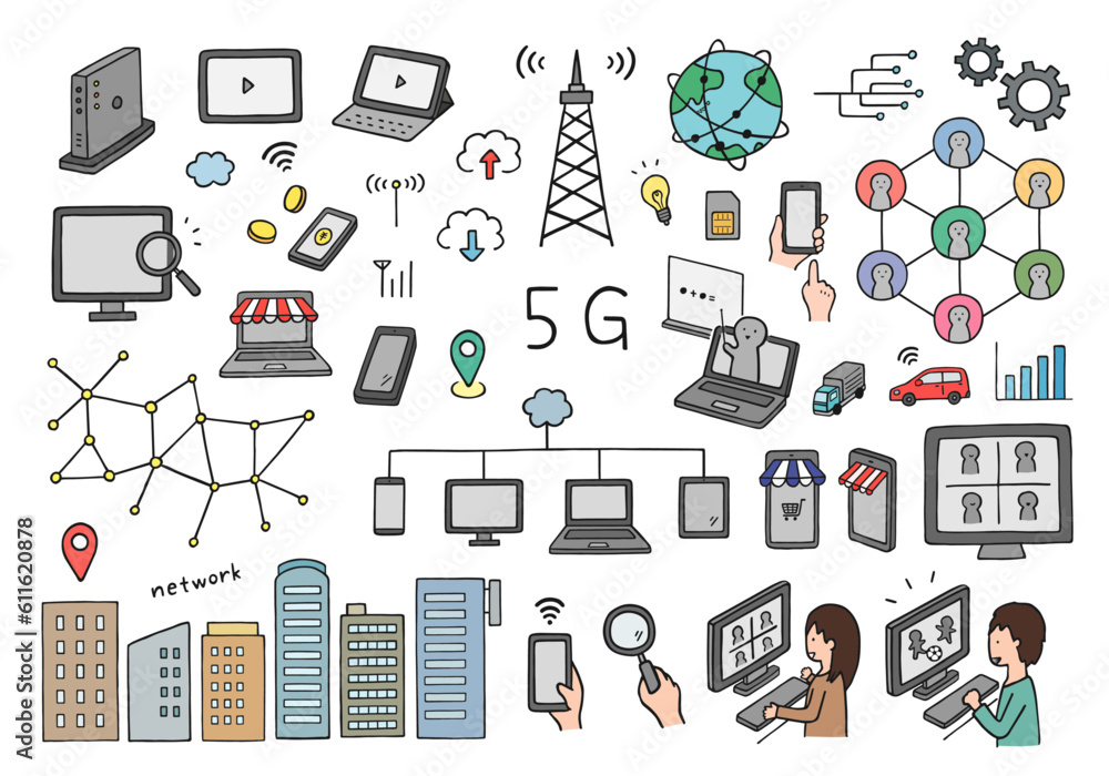 5G・ネットにまつわる手描きイラストセット(カラー) 5G・ネットにまつわる手描きイラストセット(カラー)