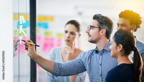 Quadro em tela Leadership, brainstorming and creative startup business meeting for an idea in collaboration together at glass window