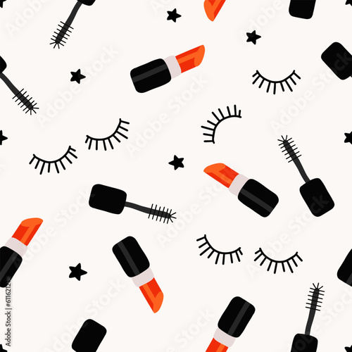 cosmetics hand drawn seamless girly pattern background with red lipstick and eyelashes simple doodle design for fabric, wallpapers and wrapping paper print eps vector