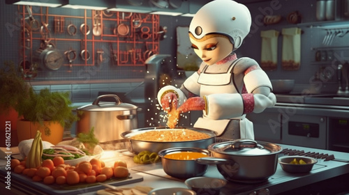 3d rendering of beautiful humanoid robot chef cooking in the kitchen.Concept of future artificial intelligence and 4th fourth industrial revolution.The concept of using robots instead of human labor.  © Emmy Ljs