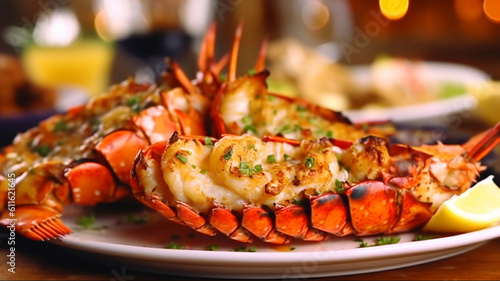 Lobster grilled on a plate, garnished, in lemon sauce and seasoning, seafood