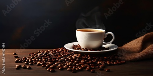 Close up of smooth espresso in roasted steaming white coffee cup and coffee bean on a wooden table