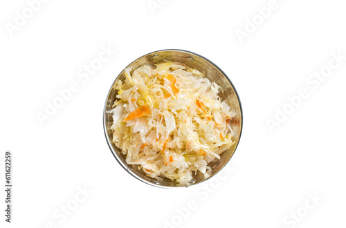 Homemade sauerkraut with black pepper and salt in a skillet. Isolated, transparent background