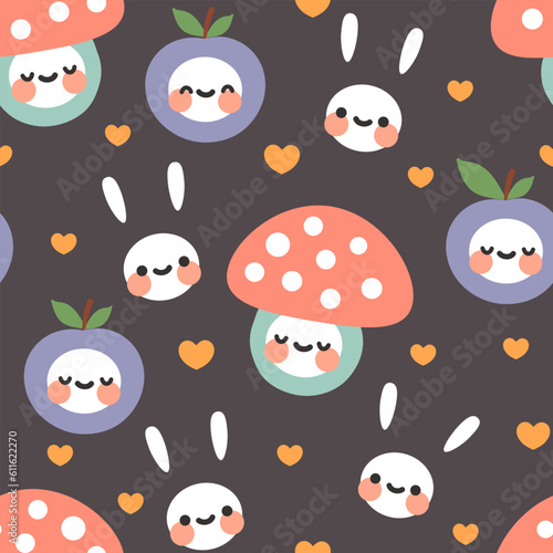 cute kawaii bunny, mushroom, apple, forest kids seamless pattern design, fabric and textile nature print, pastel colors, deep brown wallpapers for children, eps vector