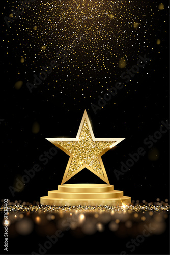 Golden three step podium with star glowing. Gold stage with glitter and light smoke on dark background. Hollywood fame in film and cinema or championship in sport vector illustration