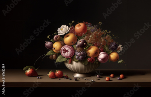 illustrazione generative ai con natura morta ornamentale di fiori, frutti in vaso di metallo e oggetti su superficie e sfondo scuri photo