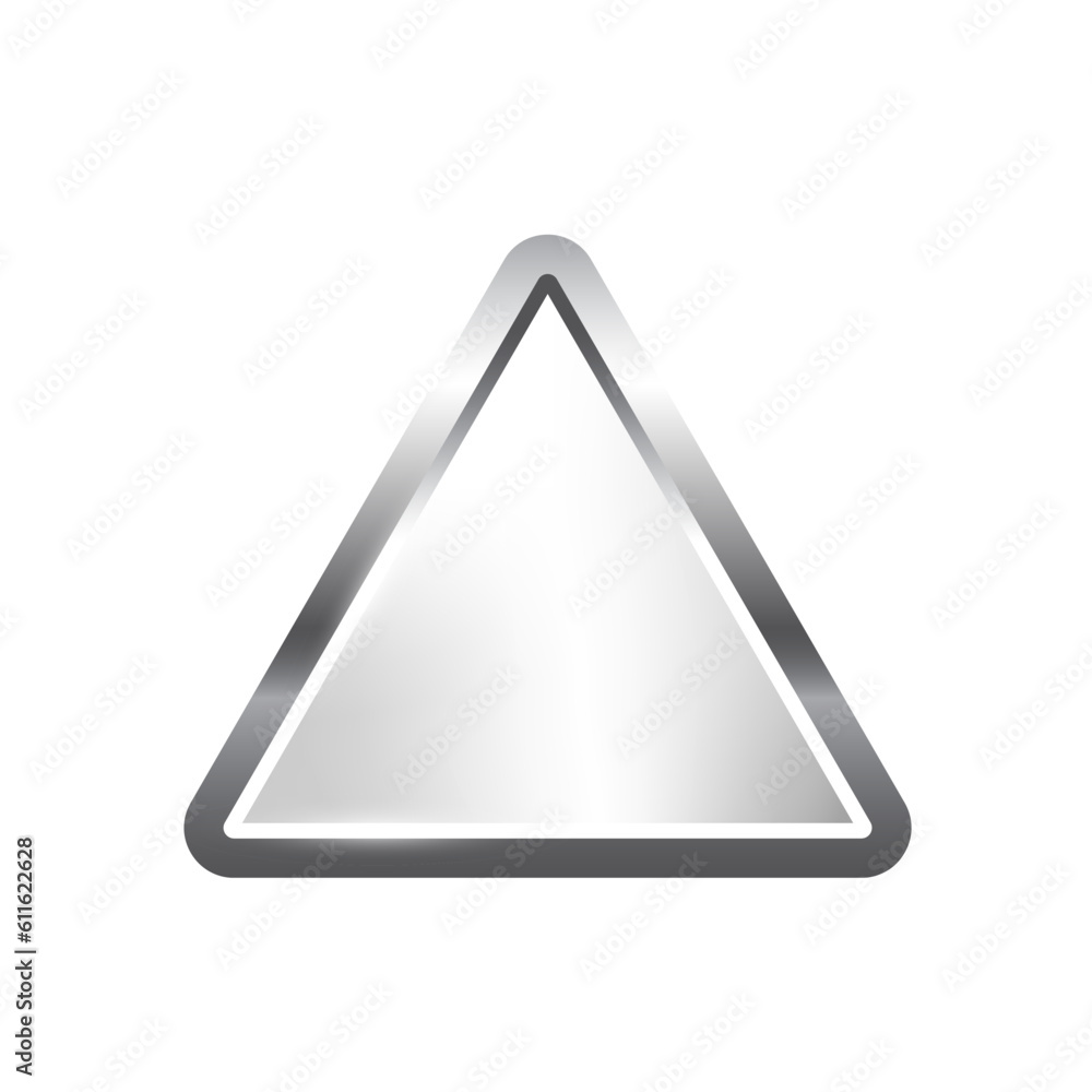 Silver triangle button with frame vector illustration. 3d steel glossy elegant design for empty emblem, medal or badge, shiny and gradient light effect on plate isolated on white background Silver triangle button with frame vector illustration. 3d steel glossy elegant design for empty emblem, medal or badge, shiny and gradient light effect on plate isolated on white background