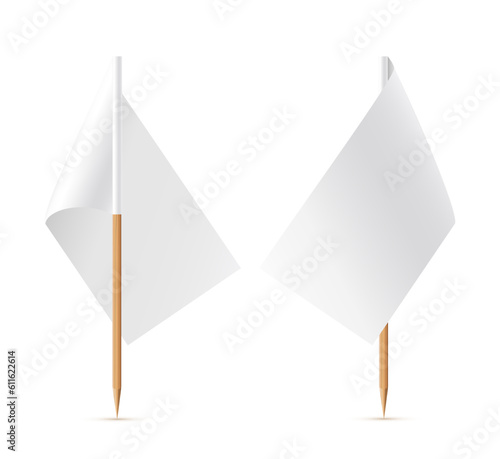 White flag on wooden toothpick. Rectangle paper topper for cake or other food isolated on white background. Blank mockup for advertising and promotions, location mark, map pointer