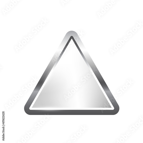 Silver triangle button with frame vector illustration. 3d steel glossy elegant design for empty emblem, medal or badge, shiny and gradient light effect on plate isolated on white background