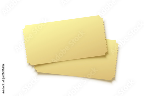 3D golden blank tickets mockup vector illustration. Realistic gold coupons for entry to carnival party and circus, theater or movie show, VIP vouchers with ribbed edges for admission at entrance