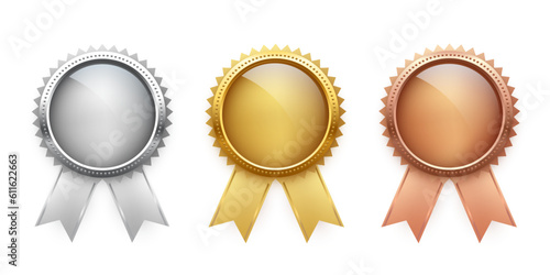 Gold, silver and bronze medals with ribbon set vector illustration. Realistic isolated trophy and medal collection with metal reward badges for winners, quality certificate and prize warranty