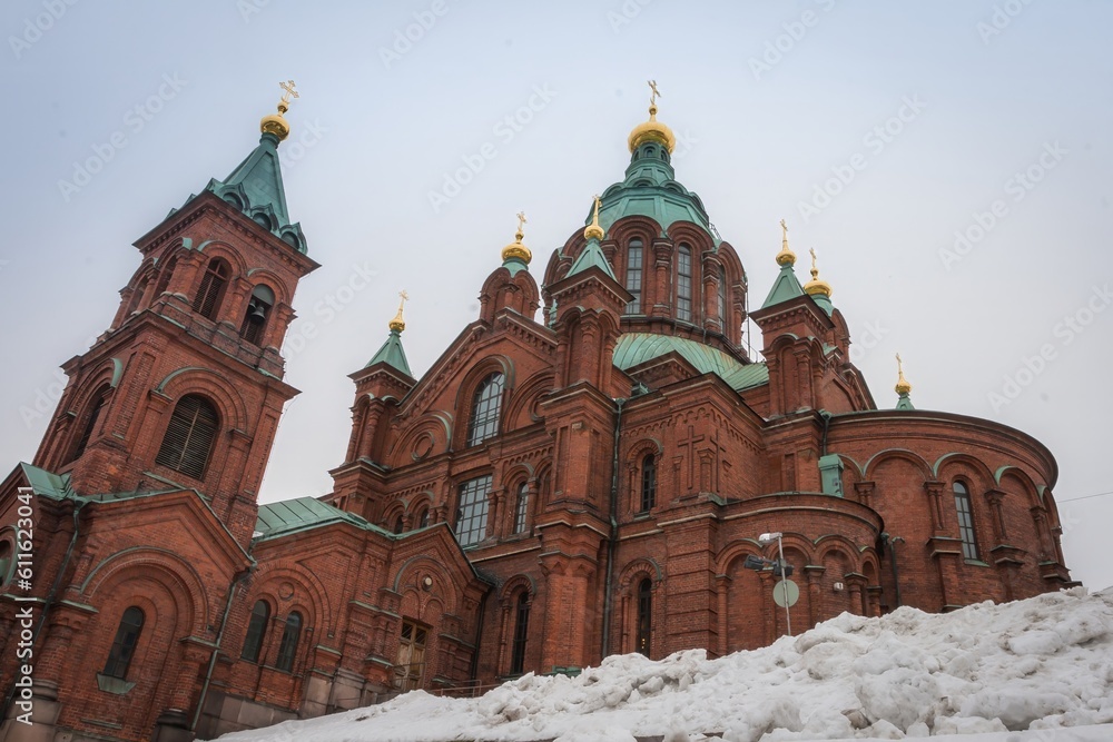 200 Years Old Uspenski Cathedral, Helsinki, Finland in winter. Uspenski Cathedral is a Greek Orthodox or Eastern Orthodox cathedral