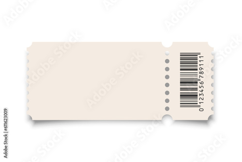 Theater, cinema ticket realistic vector template. Coupon, discount voucher mockup. Movie, raffle, carnival blank ticket with barcode and text space. Concert, event, festival paper admit layout