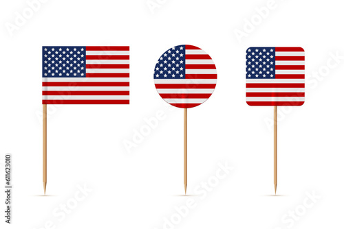 Rectangle, circle and square paper American flags on wooden stick or toothpick. Decoration for cupcake or other food. 4th of July, Independence or Presidents Day of USA, United States of America