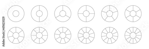 Toruses with sections set vector illustration. Abstract black line pie charts with divisions, graphic diagram collection with round geometric elements divide into parts and slices from 1 to 12