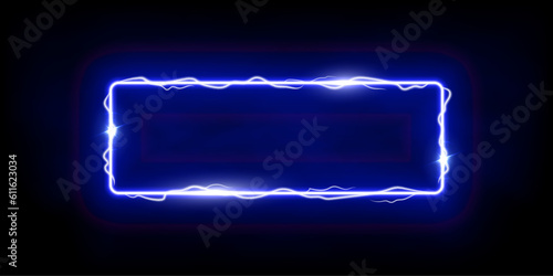 Magic blue rectangle of thunder storm blue lightnings. Magic and bright light effects electric border. Plasma frame with thunderbolt electricity lightning power effect on dark fog background