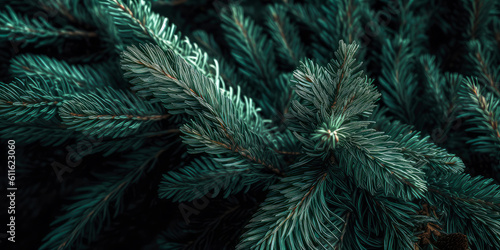 Close up of evergreen conifer fir  spruce  pine. Macro Shoot coniferous branch. Nature forest background  wallpaper. Generative ai