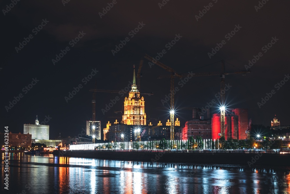 Obraz premium Moscow, Russia - 8 June 2023: Night panoramic photo of the skyscrapers of the city of Moscow, Moscow City.
