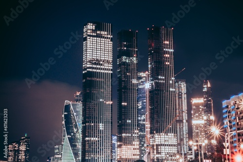 Moscow, Russia - 8 June 2023: Night panoramic photo of the skyscrapers of the city of Moscow, Moscow City.