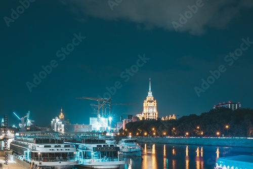 Moscow, Russia - 8 June 2023: Night panoramic photo of Moscow, hotel 