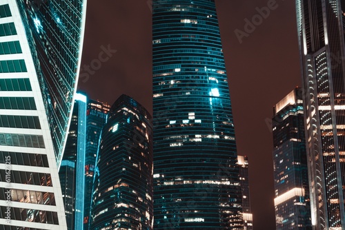Moscow, Russia - 8 June 2023: Night panoramic photo of the skyscrapers of the city of Moscow, Moscow City.