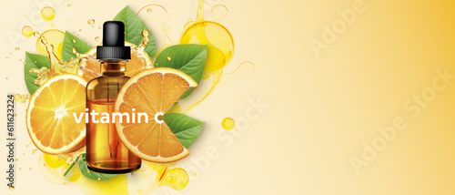 Composition featuring a glass dropper vial of vitamin c serum, orange slices, drops, splashes of orange juice on light orange background. Space for copy. Optional "Vitamin C" text layer.