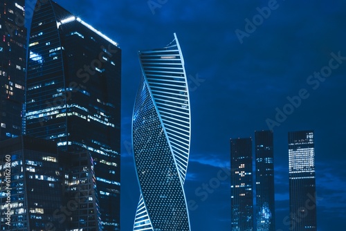 Moscow, Russia - 8 June 2023: Night panoramic photo of the skyscrapers of the city of Moscow, Moscow City.