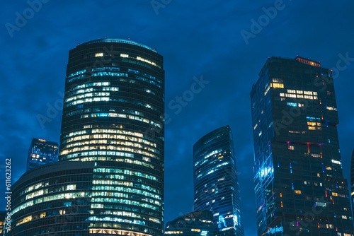 Moscow, Russia - 8 June 2023: Night panoramic photo of the skyscrapers of the city of Moscow, Moscow City.