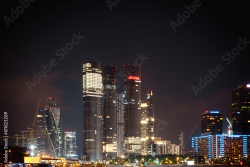 Moscow, Russia - 8 June 2023: Night panoramic photo of the skyscrapers of the city of Moscow, Moscow City.